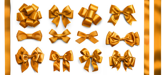 Set of twelve golden bows made of yellow and gold satin ribbon, isolated on transparent background.