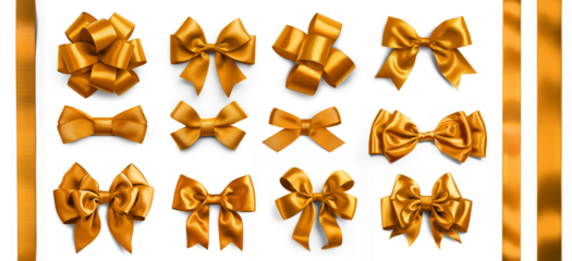 Set of twelve golden bows made of yellow and gold satin ribbon, isolated on transparent background.