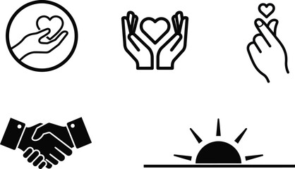 Obraz premium Collection of diverse line art and solid black icons representing love care partnership and new beginnings suitable for various digital design projects