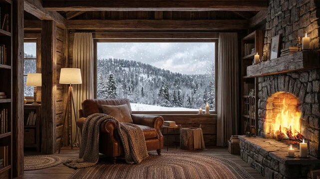 Cozy rustic room interior with armchair, a warm fireplace, and a wide window with snow outside. Looped footage for background.