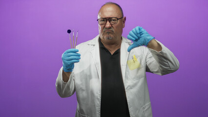 Man dentist in studio holding dental mirror and probes with gloved hand showing thumbs down; professional disapproval.