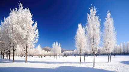 Obraz premium Winter wonderland featuring snow-covered trees under a clear blue sky in a serene landscape with people enjoying outdoor activities