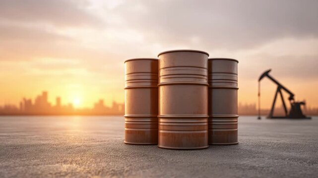 Sunset Over Oil Drums and Pump Jack on Industrial Landscape 4k video footage