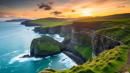 Dramatic irish cliffs meet turquoise ocean under golden sunset sky
