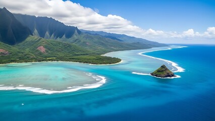 Aerial view of lush green mountains meeting turquoise ocean waters and coral reefs