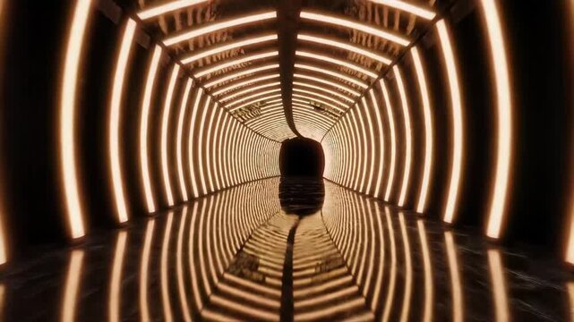 Neon-Lit Tunnel with Reflective Floor - A mesmerizing view of a neon-lit tunnel showcasing bright, parallel light strips curving along the walls and ceiling.