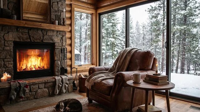 A fireplace burns inside a wooden cabin on a winter day with snow outside. Looped footage for background.