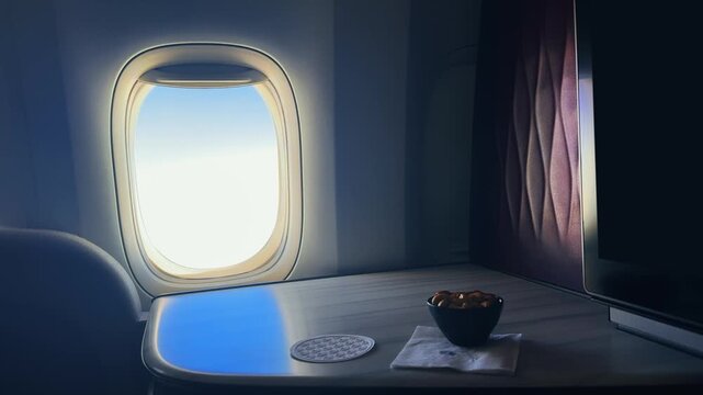 Businessman passenger enjoying champagne wine and snacks aboard at business first class airplane cabin