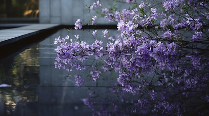 Delicate purple blossoms gently touching the dark, reflective surface of a tranquil water feature in a modern, serene garden setting, creating beautiful reflections