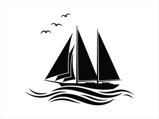 Silhouette of a sailboat on waves with seagulls flying above