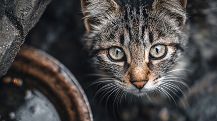 Hungry angry dirty cat homeless animal concept stray feline