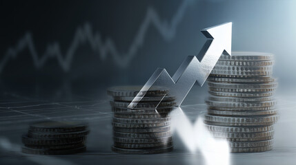 Stacks of coins, silver upward arrow and graph chart. Concept of finance, business, banking and investment. Value growth in stock market and crypto market. 
