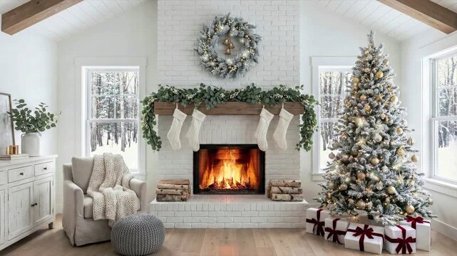 A rustic room with a fireplace and a Christmas tree near the window. Looped footage for background.