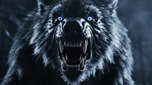Werewolf Snarling with Glowing Blue Eyes - A fierce werewolf creature is shown snarling in the darkness, with its sharp fangs bared prominently.
