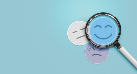 Positive thinking feedback, World mental health day, Magnifying glass focus Satisfied feedback icon, Excellent review result, Customer giving rating for experience or quality product, Opinion survey