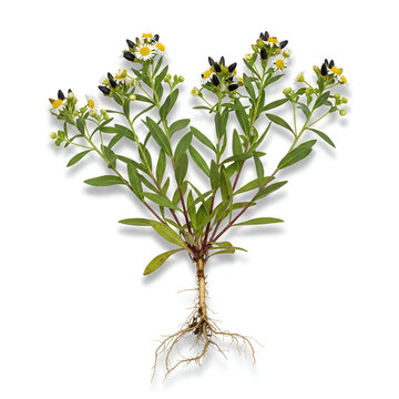 Eclipta prostrata plant with roots, white flowers, and seed fruits