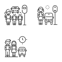 Simple black and white line illustrations depict scenes related to a bus stop. The top left shows