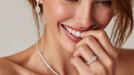 Female model smiling on ivory background wearing diamond ring for jewelry and beauty concept photography