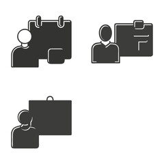 Silhouetted icons depicting people associated with various work-related elements. The first shows