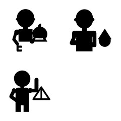 Three simple black silhouette icons depict different figures and symbols. The first icon shows