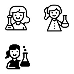 Three outlined illustrations of women holding laboratory beakers. Each drawing is a simplified
