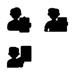 Three black silhouettes of people holding objects are arranged in a triangular layout. Each figure is depicted