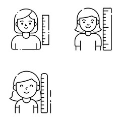 Three outlined illustrations of people next to vertical rulers. Each person has a distinct hairstyle