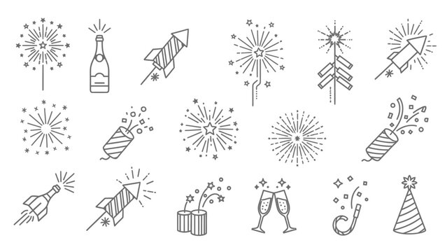 Collection of festive fireworks and celebration icons.