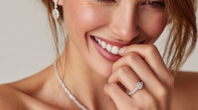 Female model smiling on ivory background wearing diamond ring for jewelry and beauty concept photography