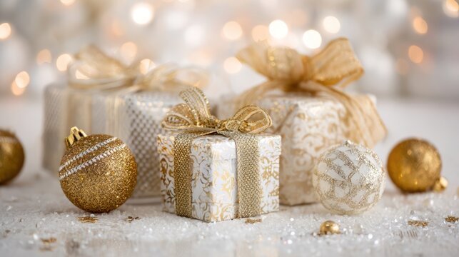 Golden and white Christmas decorations with wrapped gifts and sparkling confetti on a white background, perfect for festive celebrations