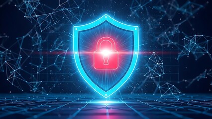 A glowing blue shield with a red unlocked padlock symbol in the center surrounded by a futuristic