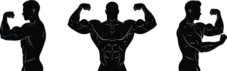 Fototapeta premium Bodybuilder flexing muscles illustration, strong male athlete posing, muscular physique artwork, bodybuilding silhouette design, fitness strength concept, athletic anatomy graphic