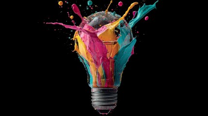 Vibrant color splash exploding from a light bulb, symbolizing creativity and ideas. Abstract paint splash, color, creativity and light bulb concept in a modern artistic style.