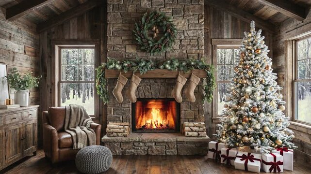 A rustic room with a fireplace Christmas tree and snow visible outside the window. Looped footage for background.