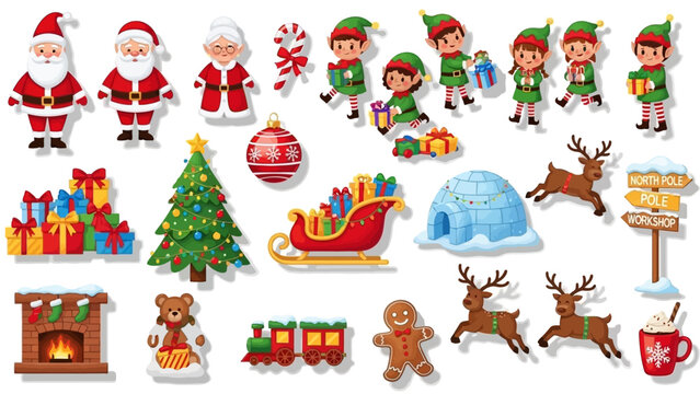 Christmas Holiday Elements Collection Santa Claus Elves Reindeer Sleigh Gifts.