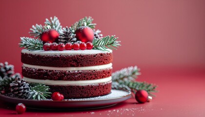 Red Velvet Christmas Cake with Elegant Forest Theme