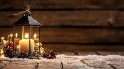 Warm candlelight glows in a snowy winter scene with natural decorations and soft wood background creating a cozy atmosphere