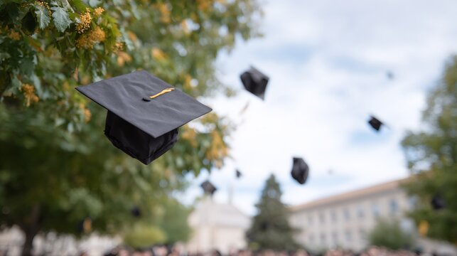 Graduation caps flying in the air - Powered by Adobe
