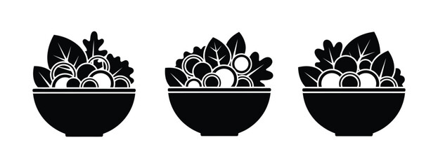Collection of simple graphic black salad bowl icons for healthy food concepts and dietary themes