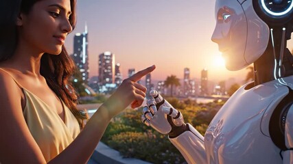 Human-Robot Interaction at Sunset - A woman and a humanoid robot interact in a futuristic cityscape backdrop at sunset.
