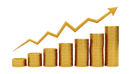 Golden growth chart with stacked coins isolated on transparent background