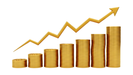 Golden growth chart with stacked coins isolated on transparent background