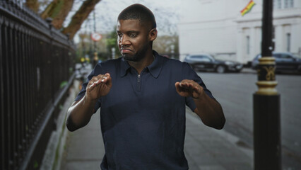 Man with palms forward gesture and extended hands as if pausing midstep on a paved street near cars, railing and a lamppost; hesitation.