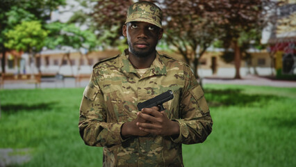 Man soldier holding pistol with hands clasped on gun in front of building, uniform visible and...