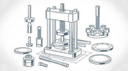 Exploded view of mechanical press components in technical blueprint style illustration