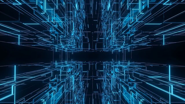 Title: A futuristic digital tunnel with glowing blue lines and geometric shapes creating a cyber - Powered by Adobe