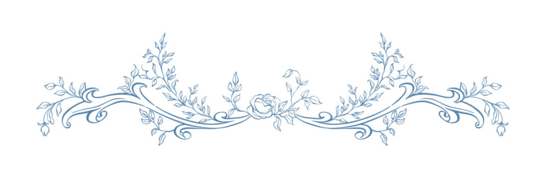 Vintage baroque border frame. Victorian hand drawn border, ornate with classic acanthus leaves and rustic florals. Whimsical decorative elements for wedding invitations, cards, certificates, diplomas.