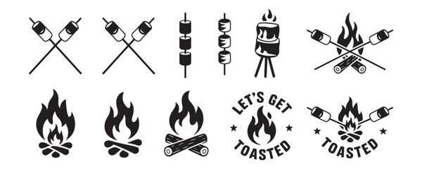 Black barbecue icons set with flames and skewers on white