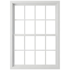 Modern white window with multiple panes grid pattern for home interior design and architectural visualization on a transparent background PNG