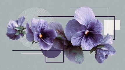 Beautiful purple pansy flowers composition with abstract geometric lines and shapes on a muted gray background, artistic floral arrangement